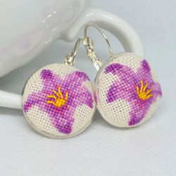 Pink lily embroidered earrings, Cross stitch floral jewelry, Handcrafted dainty gift for her