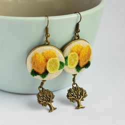 Lemon earrings with tree charm, Handcrafted birthday gift for woman, Fabric fruit jewelry