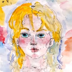 girl, woman, portrait, green eyes, watercolor, gel pen