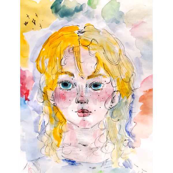 girl, woman, portrait, green eyes, watercolor, gel pen.png