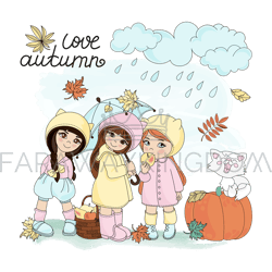 LOVE AUTUMN Rain Girl Season Cartoon Vector Illustration Set
