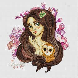 Girl with an owl. Cross stitch pattern pdf & css