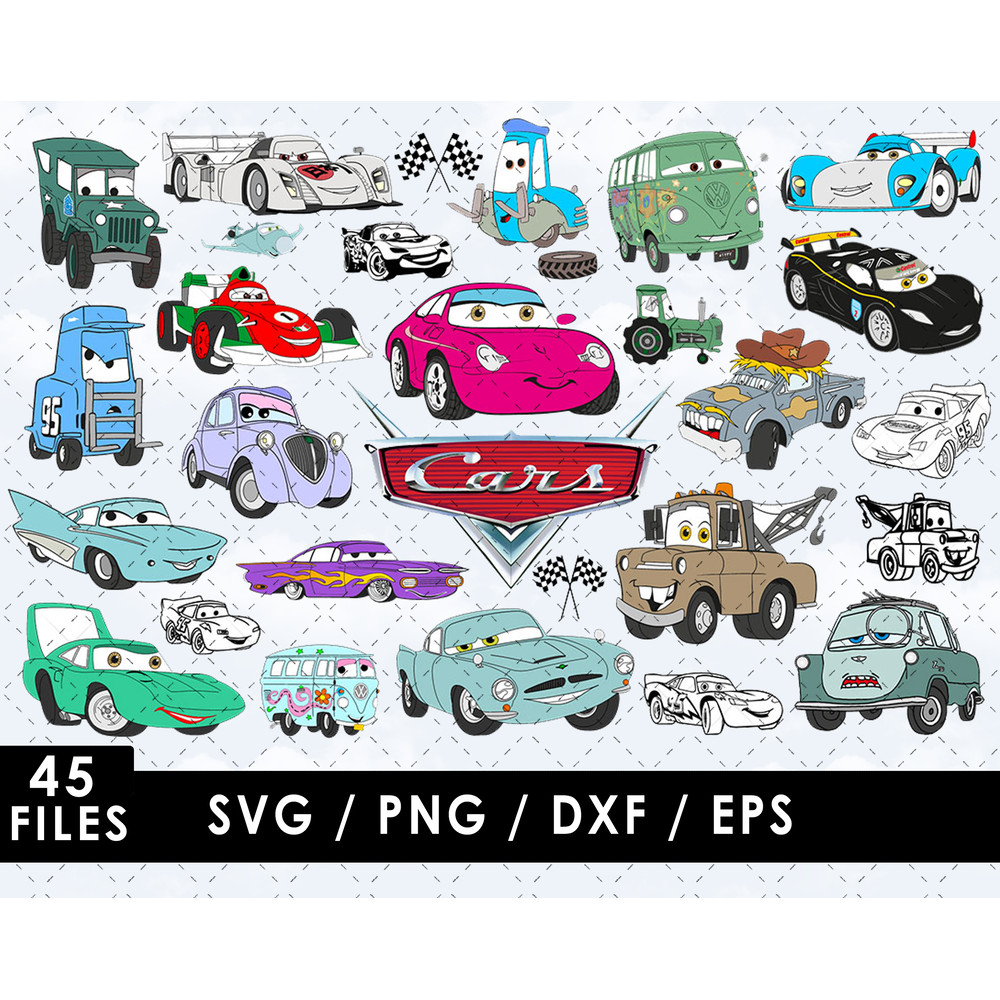 Cars SVG, Lightning McQueen SVG, Mater SVG, Sally Carrera SVG, Doc Hudson SVG, Luigi SVG, Guido SVG, Ramone SVG, Sheriff SVG, Flo SVG, Cartoon characters SVG, D