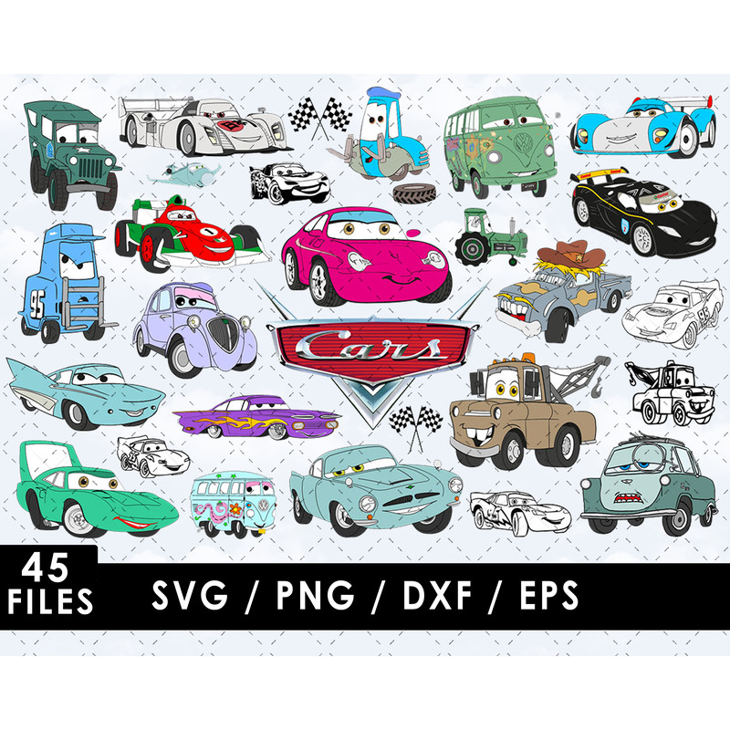 Cars SVG, Lightning McQueen SVG, Mater SVG, Sally Carrera SVG, Doc Hudson SVG, Luigi SVG, Guido SVG, Ramone SVG, Sheriff SVG, Flo SVG, Cartoon characters SVG, D