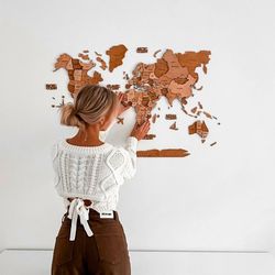 Traveler Gift for Women, Wood World Map with Pins, Large Wall Decor by Enjoy The Wood