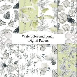 Watercolor flowers, seamless patterns, hydrangea background.
