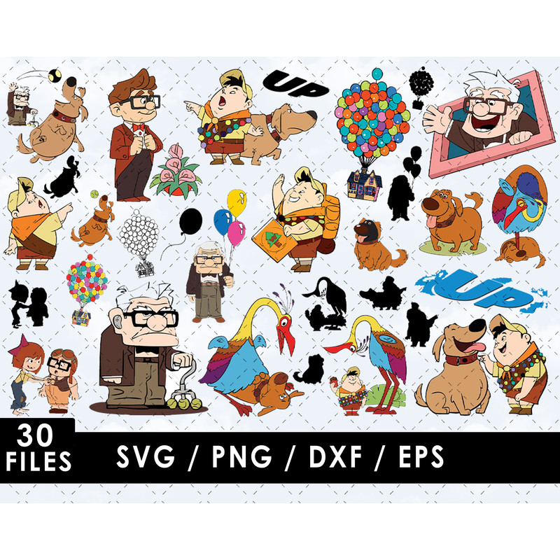 Carl Fredricksen SVG, Russell SVG, Dug the Dog SVG, Kevin the Bird SVG, Ellie's Adventure Book SVG, Up movie characters SVG, Disney Pixar movie SVG, Kids' room