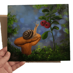 Snail and Mushroom Painting 8x8 inches on Cardboard Oil Painting Wall Art Snail Life Artwork Painting nature