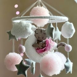 baby mobile crib cat mobile felt baby girl mobile musical nursery decor