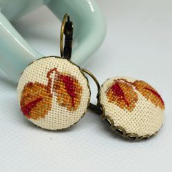 Fallen leaf embroidered earrings, Cross stitch autumn jewelry, Handcrafted gift for her