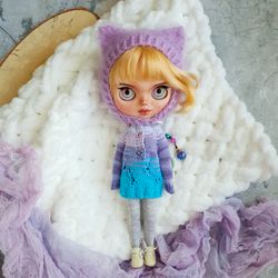 blythe outfit knit ripped sweater with cat hat, blythe sweater, blythe set clothes, blythe mood outfit