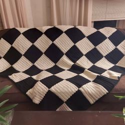 Black White Checkered Crochet Blanket, Handmade Blanket