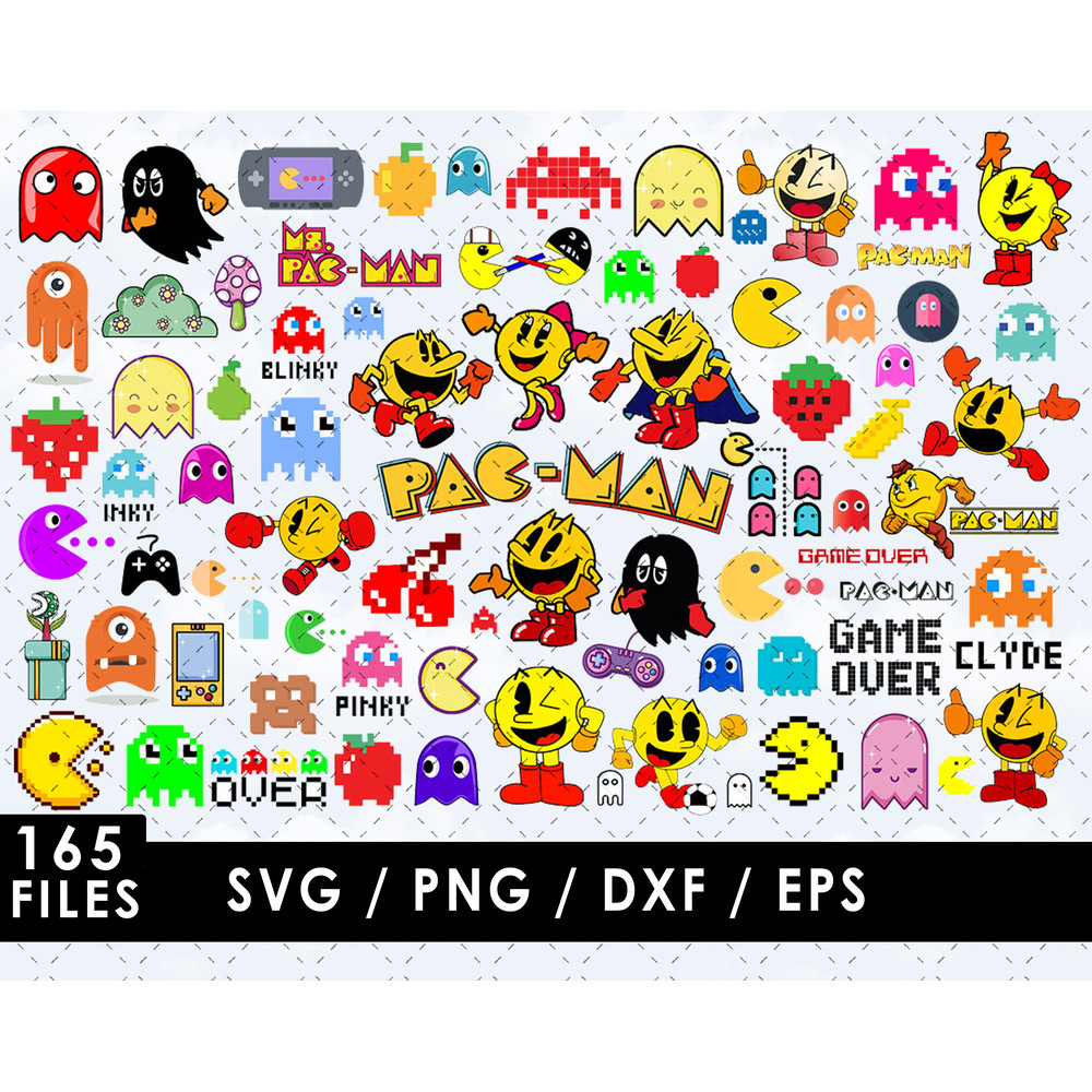 Pacman SVG, Blinky SVG, Pinky SVG, Inky SVG, Clyde SVG, Ghosts SVG, Pacman logo SVG, Power pellets SVG, Cherries SVG, Ghost-chomping SVG, Arcade game SVG, Retro