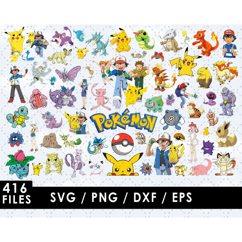 Pikachu SVG, Charmander SVG, Bulbasaur SVG, Squirtle SVG, Jigglypuff SVG, Meowth SVG, Psyduck SVG, Eevee SVG, Snorlax SVG, Pikachu and Ash SVG, Pokemon logo SVG