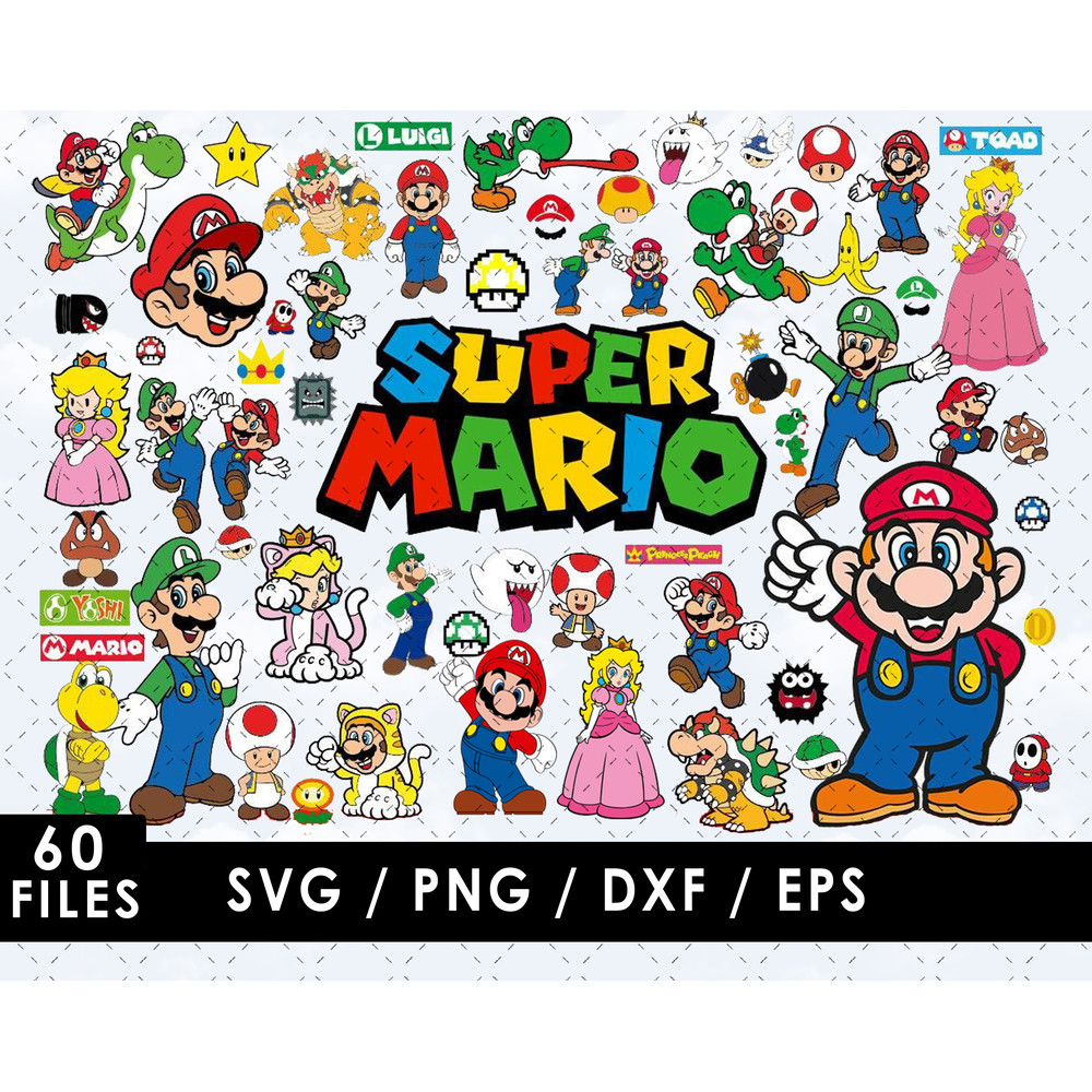 Super Mario SVG, Mario SVG, Luigi SVG, Princess Peach SVG, Bowser SVG, Toad SVG, Yoshi SVG, Wario SVG, Waluigi SVG, Donkey Kong SVG, Koopa Troopa SVG, Goomba SV