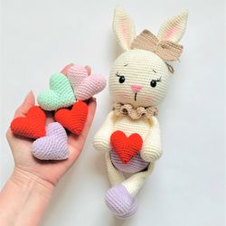 Set of 2 Bunny and Heart CROCHET PATTERN stuffed rabbit with heart amigurumi  easter toy valentines day handmade diy gif