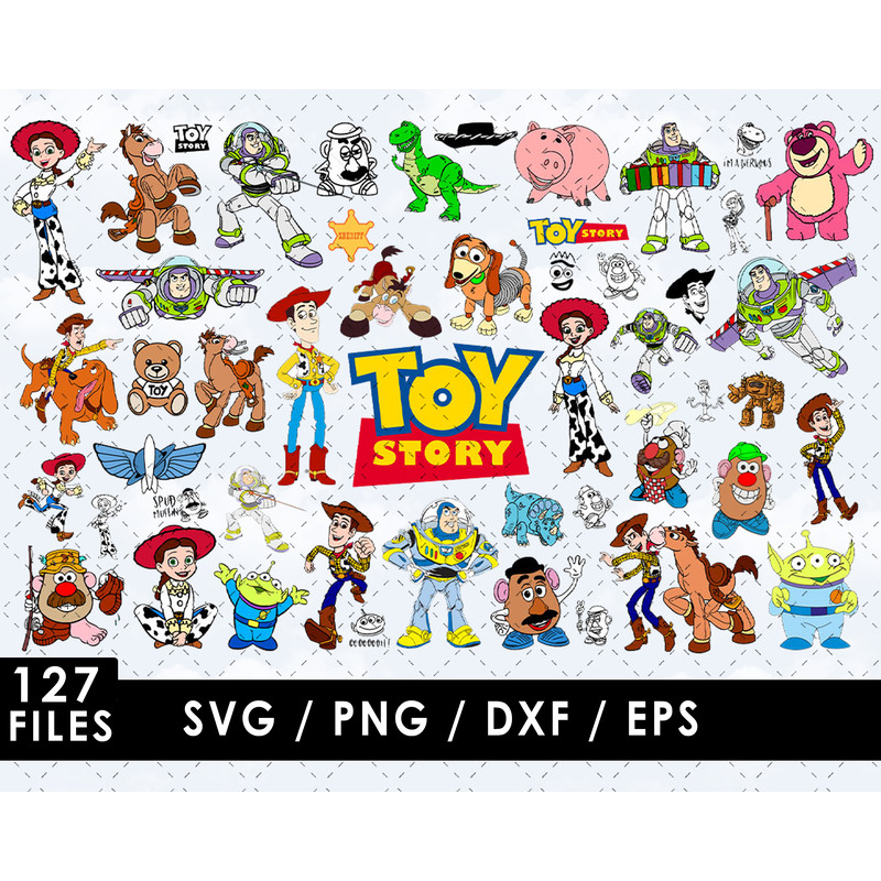 Toy Story SVG, Woody SVG, Buzz Lightyear SVG, Jessie SVG, Rex SVG, Hamm SVG, Mr. Potato Head SVG, Mrs. Potato Head SVG, Slinky Dog SVG, Bullseye SVG, Aliens SVG