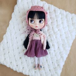 blythe dress with a knit hat, clothing for blythe, blythe outfit set, fashion doll clothes, blythe doll clothes