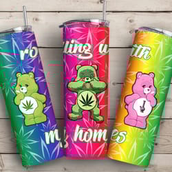 care bear rolling with my homies tumbler, cannabis bright multicolored tumbler design, weed 20oz tumbler