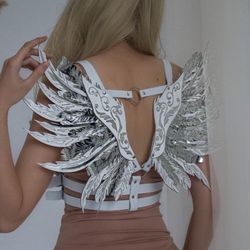 harness with wings, women's genuine leather harness, angel wings harness, white wings, black wings, whip and cake