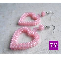 Heart drop earrings, beaded hearts, heart pendant, pink earrings, heart jewelry, pink heart, handmade earrings, heart