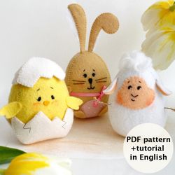 Easter felt chick, lamb and bunny sewing PDF pattern, Felt Easter decor tutorial, DIY Easter crafts