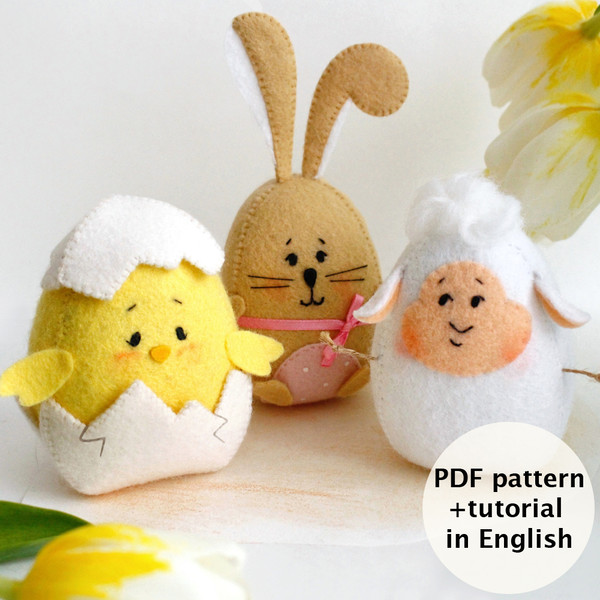Felt Easter bunny, lamb and chick in the eggshell