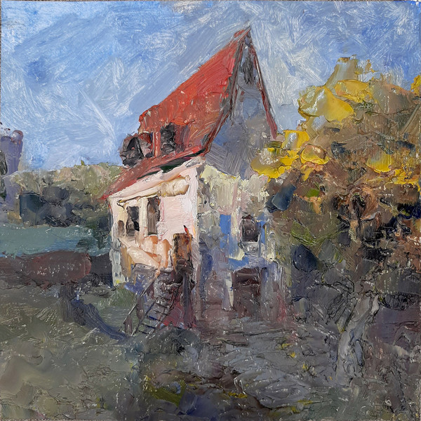 House sunlit Small Art size 7 by 7 inches hand painted by artist with palette knife.
