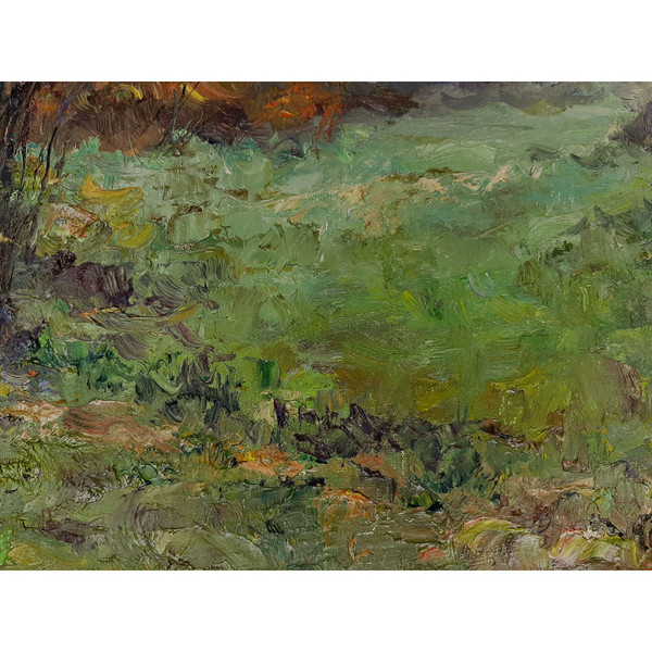 Fragment of a close-up Oil artwork. Meadow with young grass.