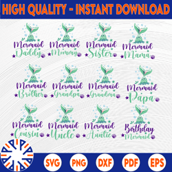 mermaid birthday family svg, bundle mermaid birthday svg, family bundle svg, mermaid tail svg, mermaid girl svg