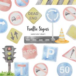 Watercolor road sign clipart. Traffic signs clip art.  Bundle 32 common traffic signs road PNG