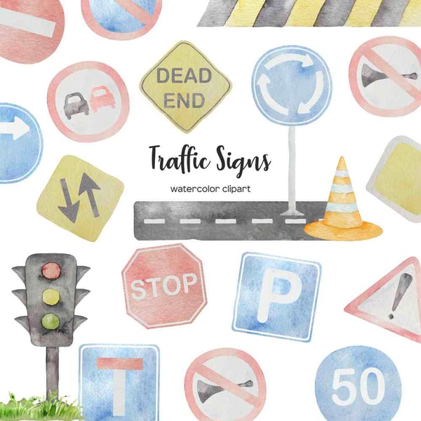 Watercolor road sign clipart. Traffic signs clip art. Bundl | Inspire ...