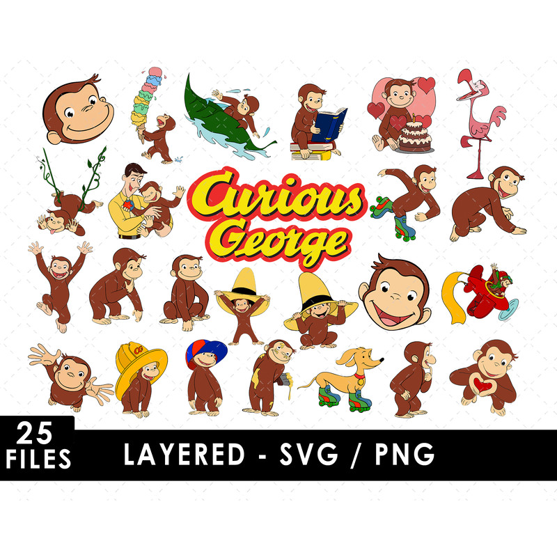 Curious George SVG, The Man with the Yellow Hat SVG, Chef Pisghetti SVG, Professor Wiseman SVG, Gnocchi SVG, Allie SVG, Hundley SVG, George's adventures SVG, Ca