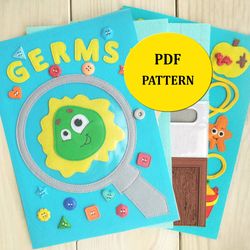 Interactive lapbook Germs PDF pattern & tutorial, felt pattern, Montessori travel toys, Felt Sewing pattern baby