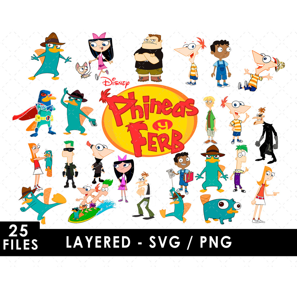 Phineas y Ferb SVG, Phineas Flynn SVG, Ferb Fletcher SVG, Candace Flynn SVG, Perry the Platypus SVG, Dr. Heinz Doofenshmirtz SVG, Cartoon characters SVG, Disney