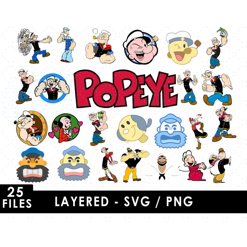 Popeye SVG, Olive Oyl SVG, Bluto SVG, Swee'Pea SVG, Wimpy SVG, Popeye the Sailor SVG, Cartoon characters SVG, Spinach SVG, Cartoon sailor SVG, Popeye logo SVG,