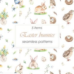 Easter bunnies. Watercolor seamless patterns. Happy easter patterns. Rabbits, quails, nests, birdhouse, spring greenery