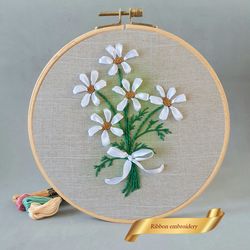 Daisies pattern pdf ribbon embroidery, Easy embroidery DIY, chamomile embroidery