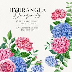 Hydrangea Watercolor Clipart. Pink and Blue Hydrangea with Roses and Eucalyptus. Floral bouquets. Png. Digital Download.