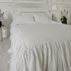 King size linen bedding,White bed skirt,Natural linen skirt,Frills to protect against dust,Linen cover, Linen bed skirt