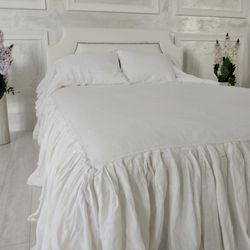 king size linen bedding,white bed skirt,natural linen skirt,frills to protect against dust,linen cover, linen bed skirt