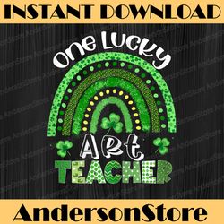 one lucky art teacher rainbow shamrock png, st patrick's day png, leopard st patricks day sublimation designs downloads