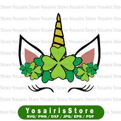 kids unicorn face svg, shamrock cute st patrick day svg png, st. patrick's day, unicorn face, shamrock, unicorn girl
