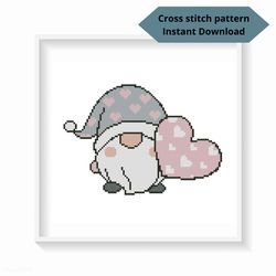 Gnome and Heart cross stitch pattern, Cute cross stitch pattern, Valentines embroidery, Instant download, Digital PDF