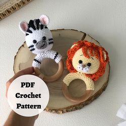 PATTERN ONLY: Safari Animals Lion and Zebra Baby Rattles Toy | 2 in 1 PDF Patterns