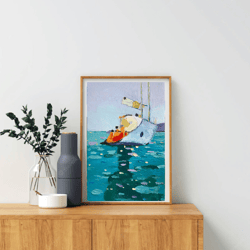 Yacht at sea original oil painting hand painted modern impasto painting wall art 6x9 inches