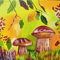 Autumn Landscape Art Mushrooms Berries Mushroom Painting Art Decor For Children Original Oil Painting Bright