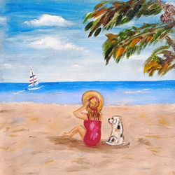 sea painting girl with dog seaside art beach in the ocean original oil painting small painting 7.8x7.8 inches