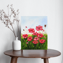 Oil painting, Bright red flowers, Canvas, Meadow Art, Red Poppies,Impasto Art 9.8x 7.8 in