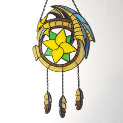 stained glass dragon dreamcatcher, fantasy dragon suncatcher, window hanging stained glass decor, unique ornament gift